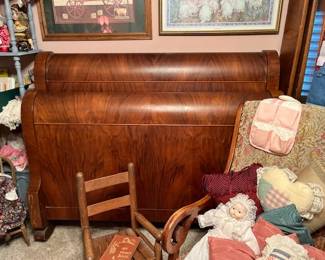 Vintage sleigh bed with side rails and slats