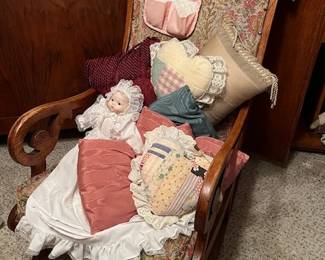 Vintage Rocking chair, cushions, and baby doll