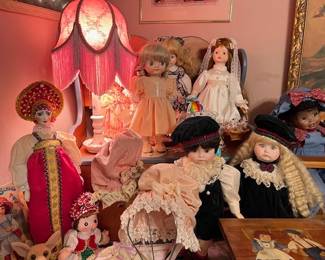 Wonderful doll collection, painted bench with storage