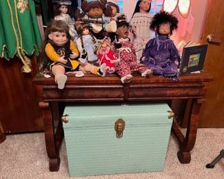 Vintage library table, painted truck, and great dolls