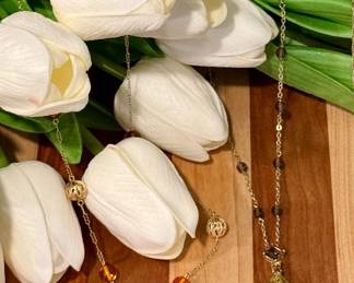 14kt Yellow Gold Filigree and Amber Tear Drop Necklace, and 14kt Yellow Gold Smokey Quartz, Lemon Citrine and Pear Shape Peridot Necklace