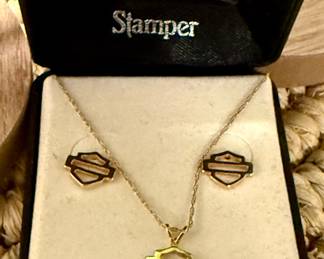 10kt Yellow Gold Harley Davidson Necklace and Earring Set.
