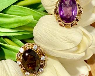 14kt Yellow Gold Vintage Large Purple Sapphire Ring, and 14kt Yellow Gold Vintage Large Smokey Topaz with Accent Stones