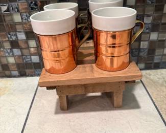 Vintage Copper Coffee Cups with Porcelain Inserts