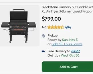 Like New - used 3 times, air fryer never used. 30" top of the line Blackstone with XL air fryer, 3 burners, liquid propane, hard top lid and nice dust cover - paid $800 at Lowes 
