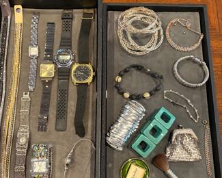 Watches, bracelets, and sterling make-up brush