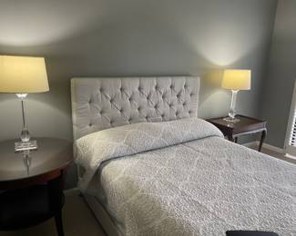 Queen padded headboard w jeweled buttons in headboard with mattress set and nightstands