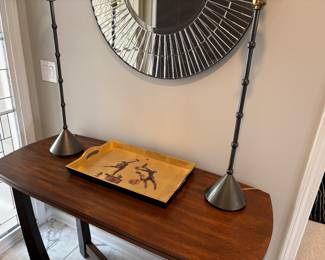 Console table and 2 buffet lamps with ivory shades and tray