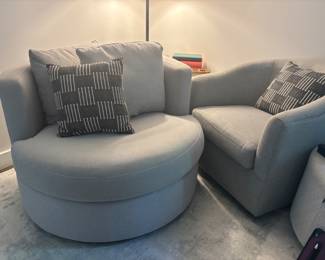 Pottery Barn Swivel Chairs with Accent Pillows