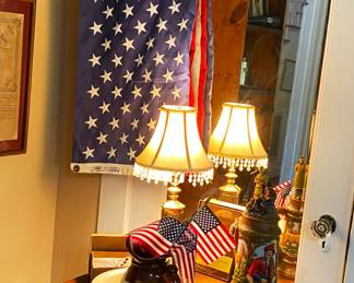 American flag, stein and crockery