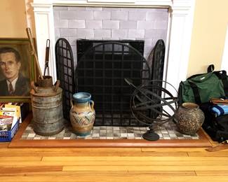 pots, metal containers, garden art and fireplace screen