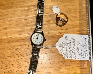 A 1954 high school10 K gold ring 6.83 grams - no stone, a wonderful Navajo Sterling silver storyteller link bracelet/watch by Navajo artist Jay Boyd.