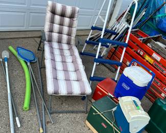 Pool accessories, 2-way pool ladder, vintage Coleman coolers,  Chase lounge… Not pictured - inflatable pool toys! (balls, rings, noodles, noddle swords…)