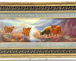 Framed porcelain plaque of Highland cattle; Stoke-on-Trent, England