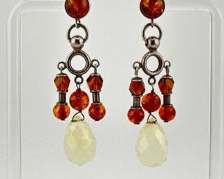 Pair of sterling, amber and opalite dangle earrings