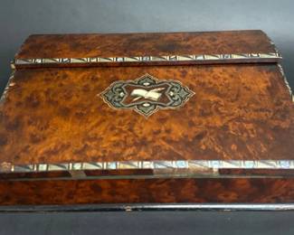 Beautiful mother of pearl and ebonized inlay burl wood lap desk