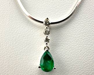 18kt, diamond and emerald pendant on 14kt chain necklace