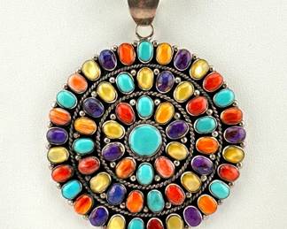 Native American sterling necklace with multi colored turquoise, spiny oyster pendant