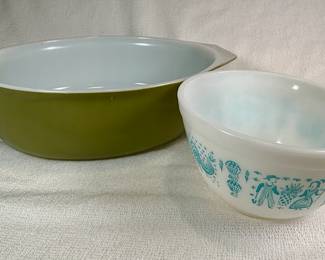 Pyrex green casserole and "Butterprint" bowl
