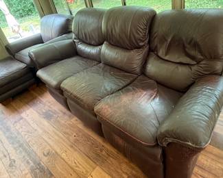 LaZBoy leather reclining sofa and chairs, used as dog beds and needs some TLC