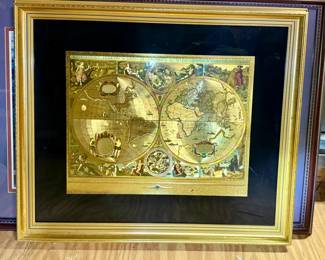 Vintage framed "Nova Totivs Terrarvm Orbis Geographica" gold foil map