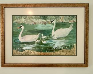 Framed swan watercolor painting signed by Rebecca Grassland