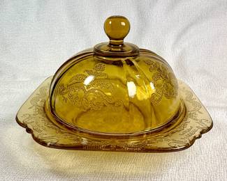 Federal Glass Madrid amber depression glass covered dish