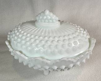 Fenton milk glass hobnail covered dish
