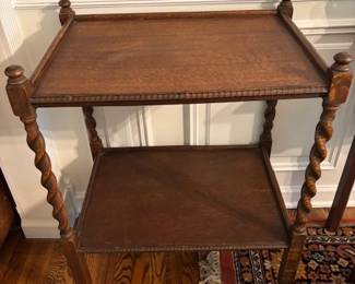 Antique English Barley Twist oak tea trolley.