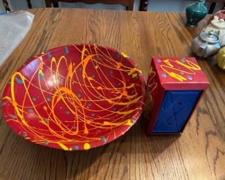 Abstract art bowl and napkin holder.