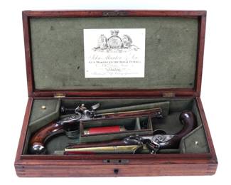 Lot 1 Fine English Cased Set of Brass Barrel Flintlock Pistols by Probin