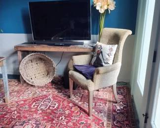 This 10'x12' rug and padding, foldable wood and metal- topped console table, and upholstered chair (in need of reupholstering) will make great additions to your home or rental