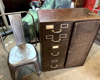 (2) retro metal chairs and one antique cabinet (ready to be restored)
