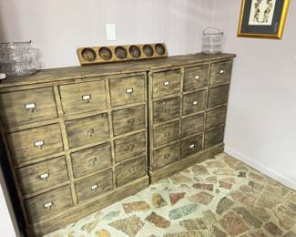 These 12 drawer wooden apothecary chest (2) keep your things nice, out of site, and organized. The accessories are also for sale