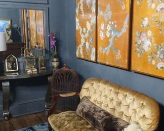 Add this antique velvet settee to your space for a touch of class. 8 identical grey framed mirrors and an assortment of accessories are available too.
