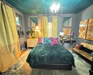 All items are for sale including the pillows, silver wood dresser, 8 matching grey framed mirrors, curtains, lanterns, brand new chandelier, queen duvet cover and matching pillow cases, 10'x12' rug, Silver metal (polished steel) demi-lune console table (very heavy), and silver metal (polished steel) steamer trunk (heavy)