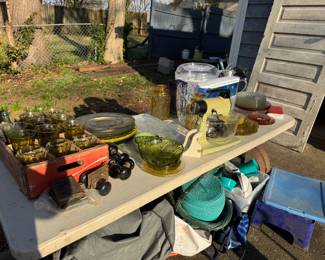 Antiques dishes, stand mixer, door knobs, doors, and more