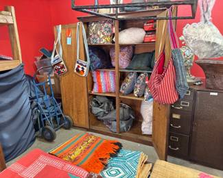Pillows, purses, tableware, 20'x20' down and feather pillow inserts, armoire, African wooden planter, retro metal file cabinet