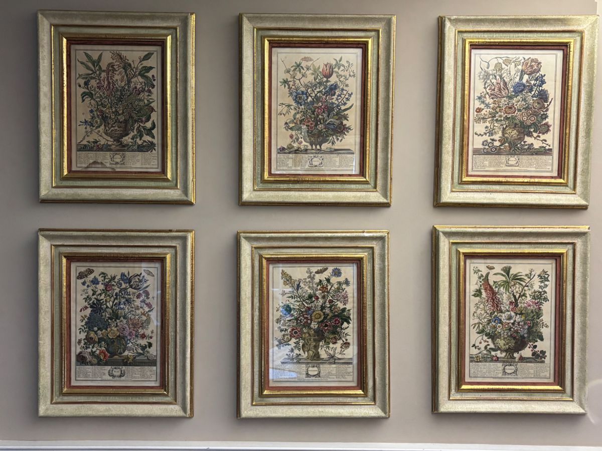 Original Robert Furber Floral Calendar Pages
Engraved by H. Fletcher ca 1730

January, February, March, May, November, & December
