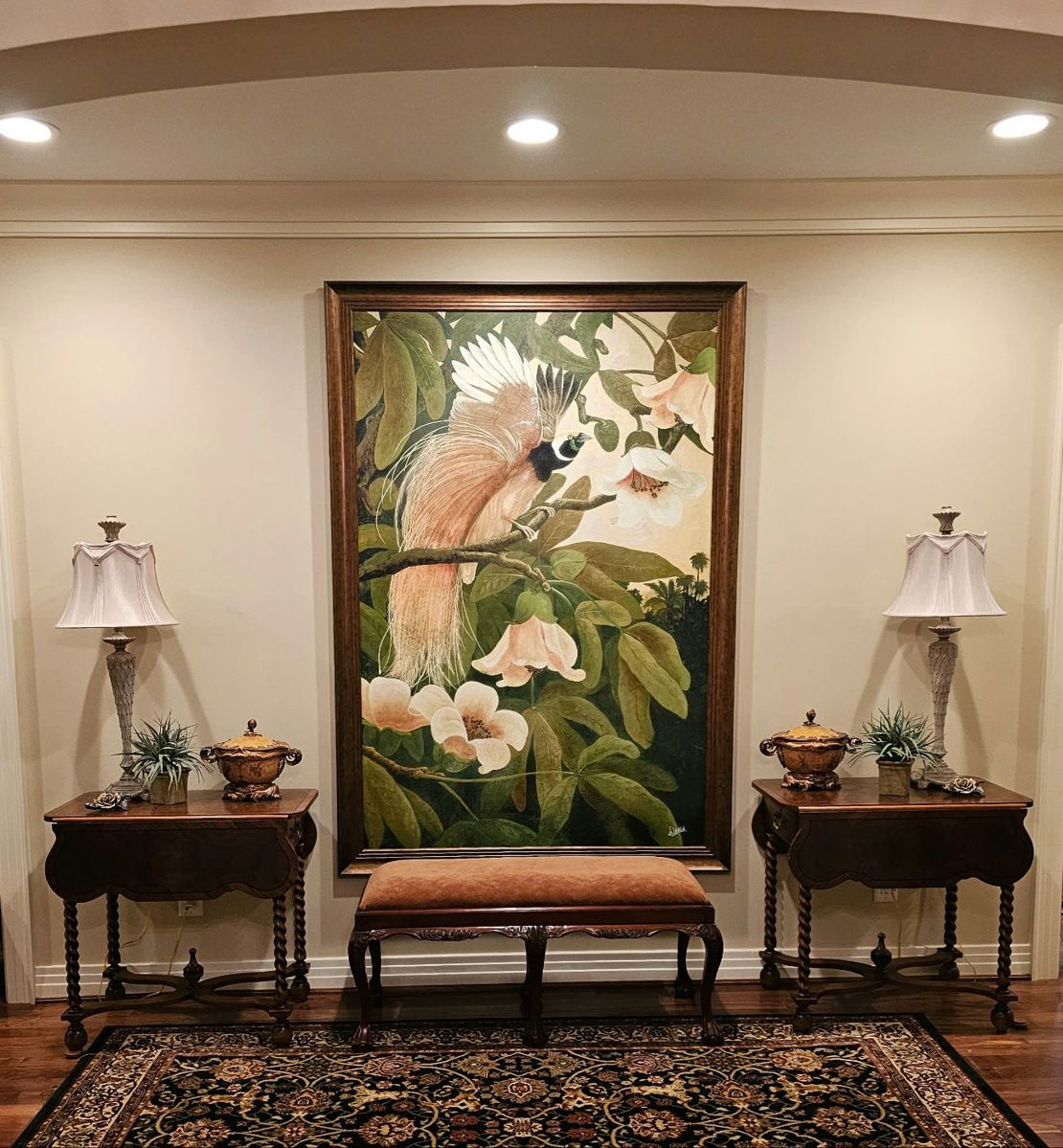 GORGEOUS 4.5' x 6.5' Painting of "Bird in Paradise", pair of 19 Century drop leaf tables with barley twist legs and decor