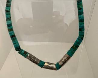 $350. RARE Navajo stacked cut turquoise with three sterling beads necklace 