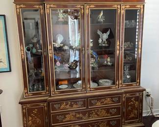 $800. FANCHER Vintage Mahogany Chinoiserie Chippendale Breakfront China Cabinet 84.5”t x 68”w x17”d