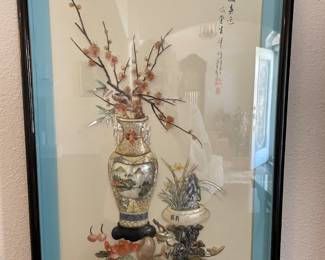 $400 VINTAGE Chinese shadow box featuring a three-dimensional scene with a mother of pearl vase and floral arrangement.