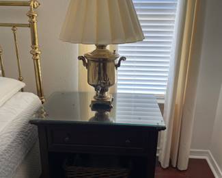 $150 Pottery Barn side chest with storage basket (1of2) $100 Russian samovar converted lamp (1of2)