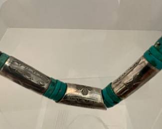 $350. RARE Navajo stacked cut turquoise with three sterling beads necklace 