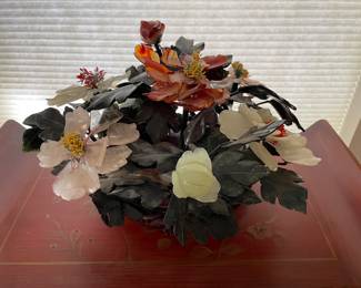 $250 Jade, agate, etc vintage center piece on stand