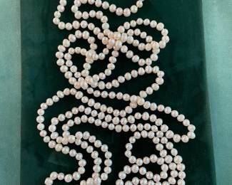 Very long fresh water pearl necklace hand knotted