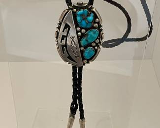 $500. Wilson Begay Navajo turquoise, sterling bolo with sterling tips