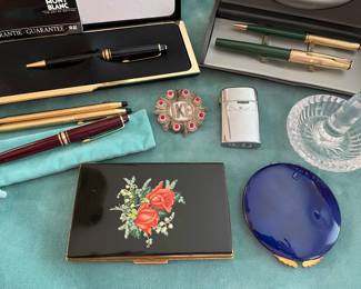 Wonderful smalls will be available at this sale. Monte Blanc pens. Monte Blanc Pen by Tiffany & Co. Vintage Parker pens. Waterford, enamel cases