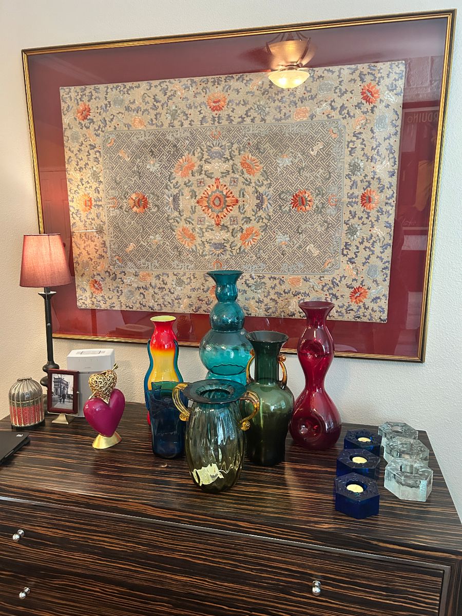 Over 100 years old, Antique Chinese Embroidery Framed with Suede backing, Tapestry and tons of Blenko Glass